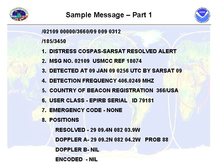 Sample Message – Part 1 /02109 00000/3660/09 0312 /185/3450 1. DISTRESS COSPAS-SARSAT RESOLVED ALERT Sample Message – Part 1 /02109 00000/3660/09 0312 /185/3450 1. DISTRESS COSPAS-SARSAT RESOLVED ALERT