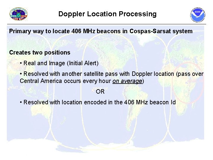 Doppler Location Processing Primary way to locate 406 MHz beacons in Cospas-Sarsat system Creates Doppler Location Processing Primary way to locate 406 MHz beacons in Cospas-Sarsat system Creates