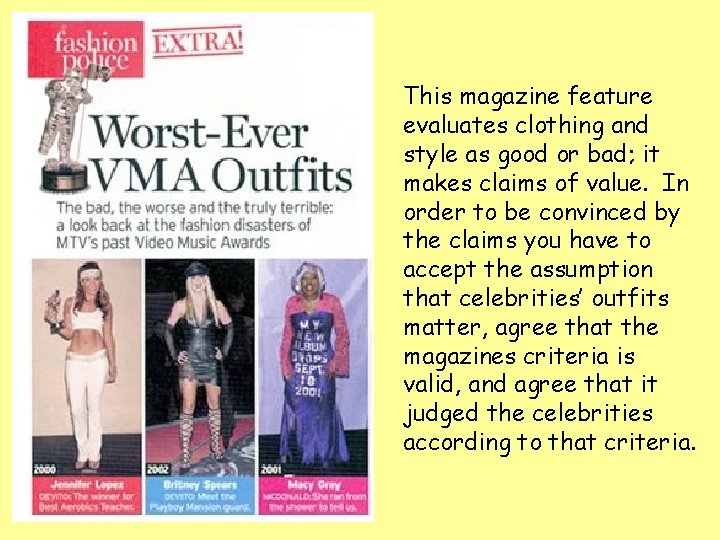 This magazine feature evaluates clothing and style as good or bad; it makes claims