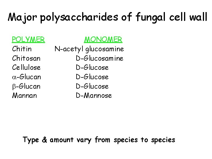 Major polysaccharides of fungal cell wall POLYMER Chitin Chitosan Cellulose -Glucan Mannan MONOMER N-acetyl