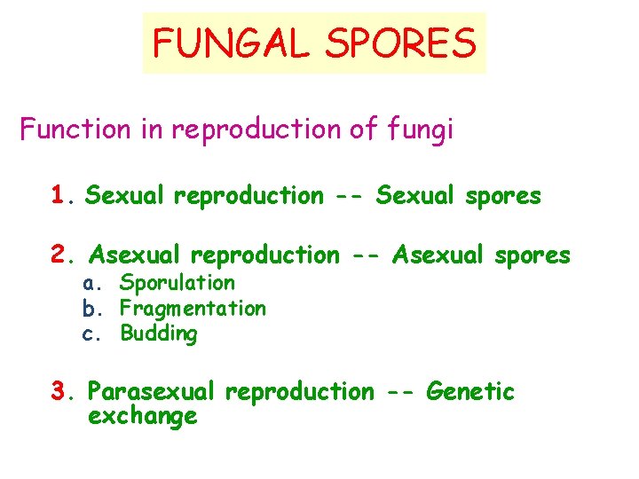 FUNGAL SPORES Function in reproduction of fungi 1. Sexual reproduction -- Sexual spores 2.