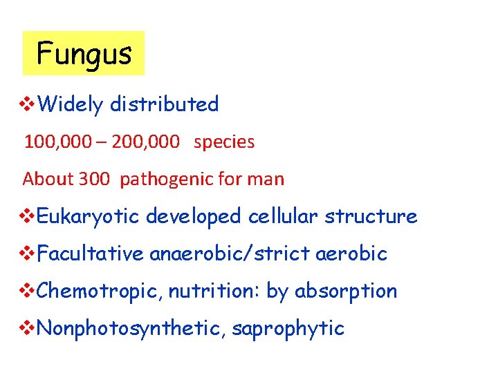 Fungus v. Widely distributed 100, 000 – 200, 000 species About 300 pathogenic for