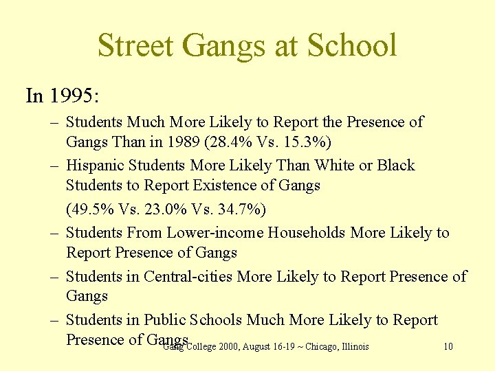 Street Gangs at School In 1995: – Students Much More Likely to Report the