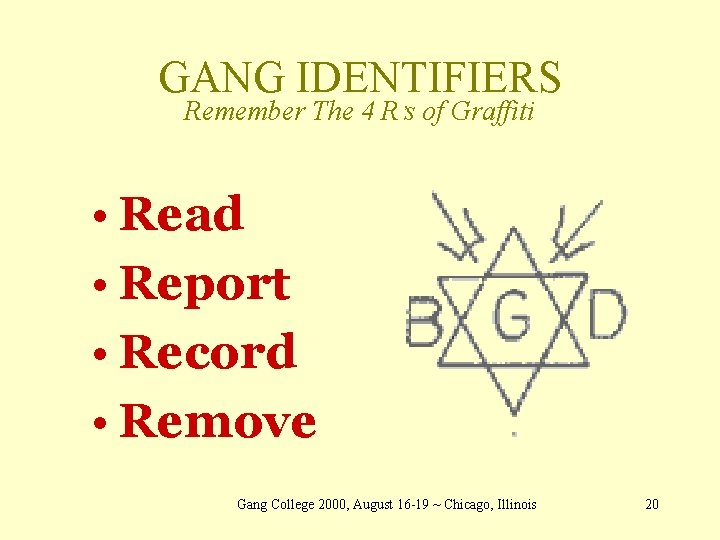 GANG IDENTIFIERS Remember The 4 R’s of Graffiti • Read • Report • Record