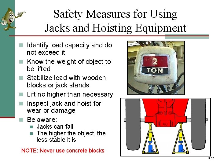 Safety Measures for Using Jacks and Hoisting Equipment n Identify load capacity and do