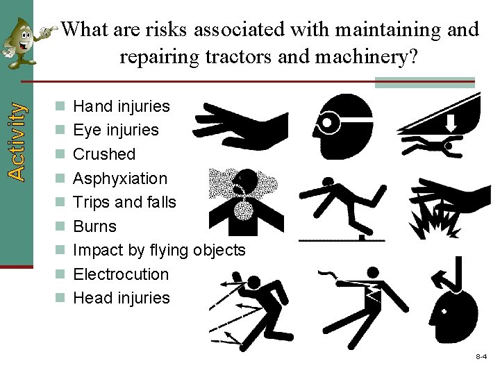 Activity What are risks associated with maintaining and repairing tractors and machinery? n Hand