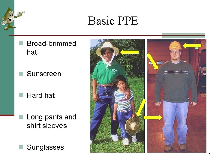 Basic PPE n Broad-brimmed hat n Sunscreen n Hard hat n Long pants and
