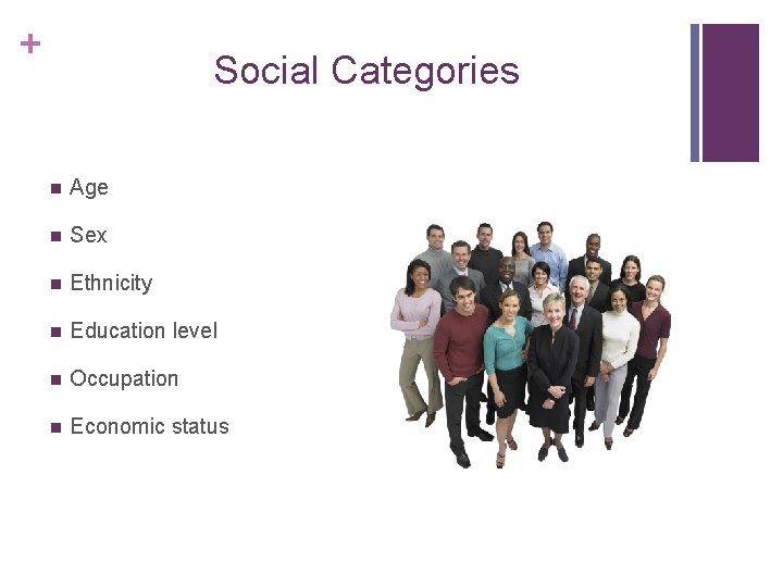 + Social Categories n Age n Sex n Ethnicity n Education level n Occupation + Social Categories n Age n Sex n Ethnicity n Education level n Occupation