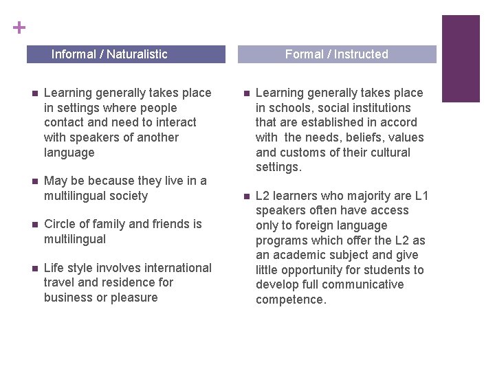 + Informal / Naturalistic n Learning generally takes place in settings where people contact + Informal / Naturalistic n Learning generally takes place in settings where people contact
