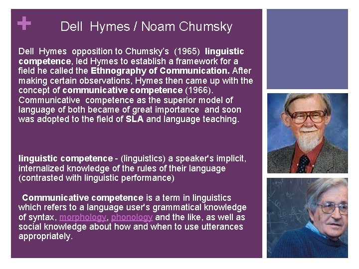 + Dell Hymes / Noam Chumsky Dell Hymes opposition to Chumsky’s (1965) linguistic competence, + Dell Hymes / Noam Chumsky Dell Hymes opposition to Chumsky’s (1965) linguistic competence,