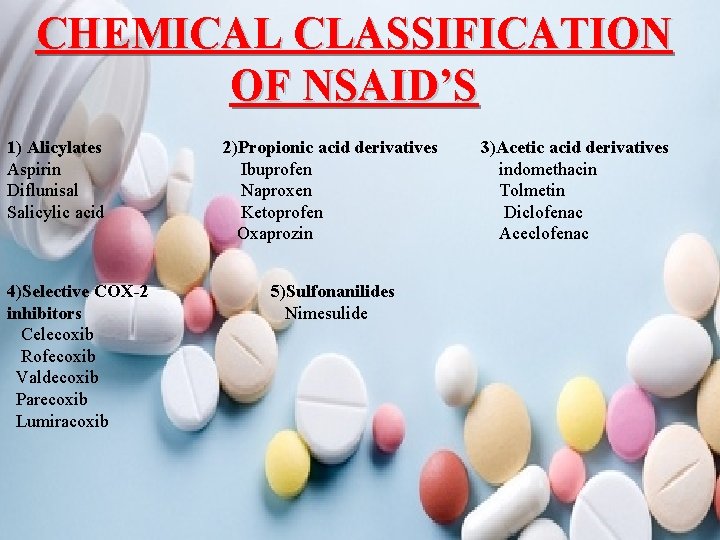 CHEMICAL CLASSIFICATION OF NSAID’S 1) Alicylates Aspirin Diflunisal Salicylic acid 4)Selective COX-2 inhibitors Celecoxib