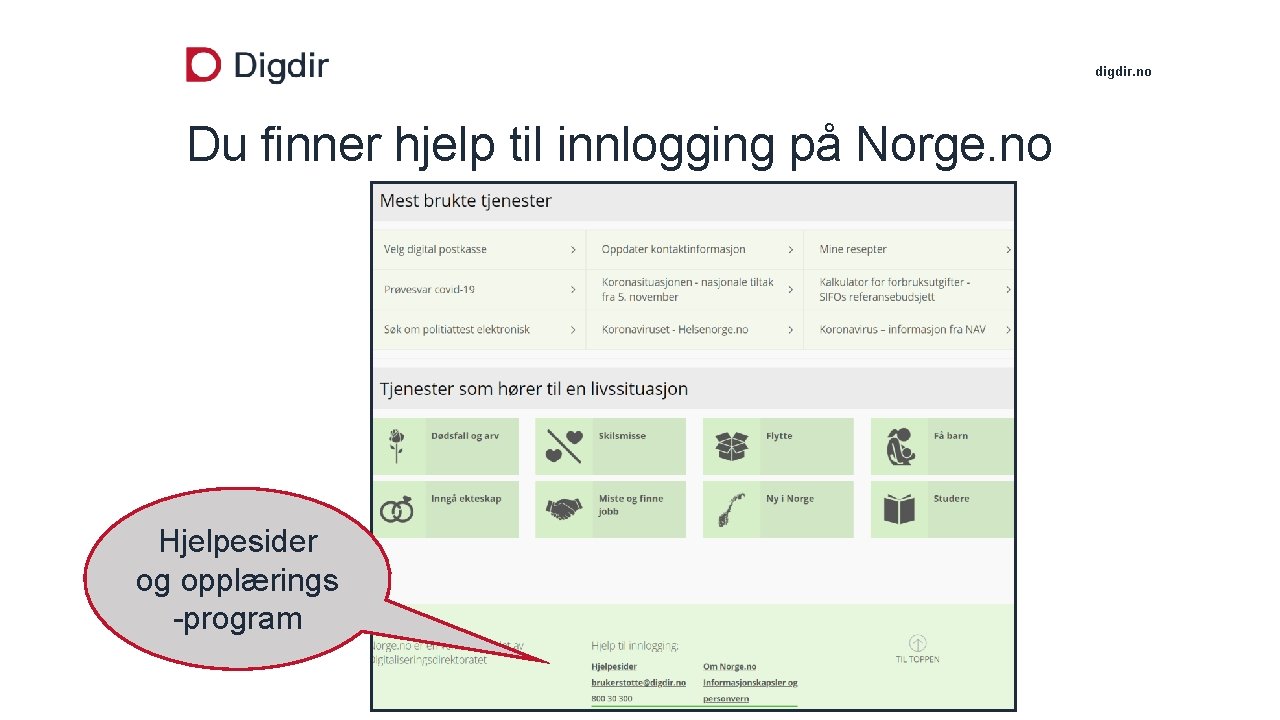 digdir. no Du finner hjelp til innlogging på Norge. no Hjelpesider og opplærings -program