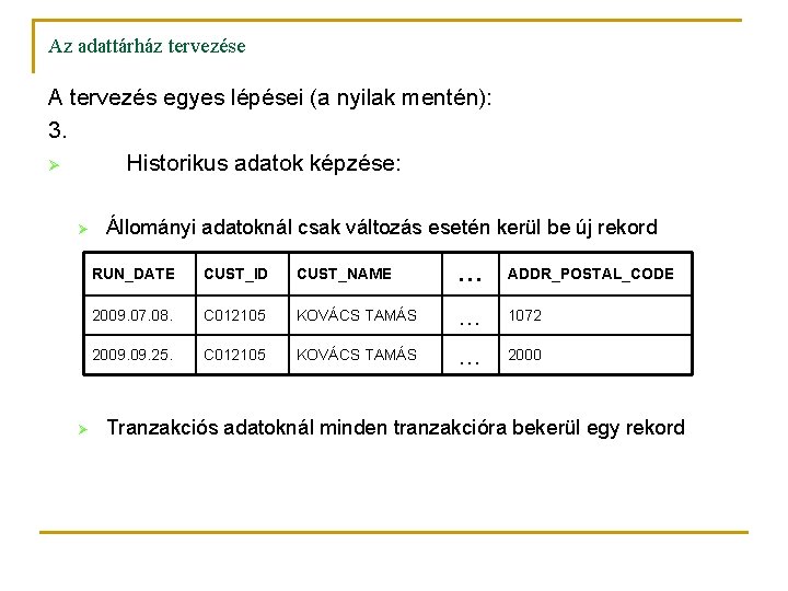 Az adattárház tervezése A tervezés egyes lépései (a nyilak mentén): 3. Ø Historikus adatok