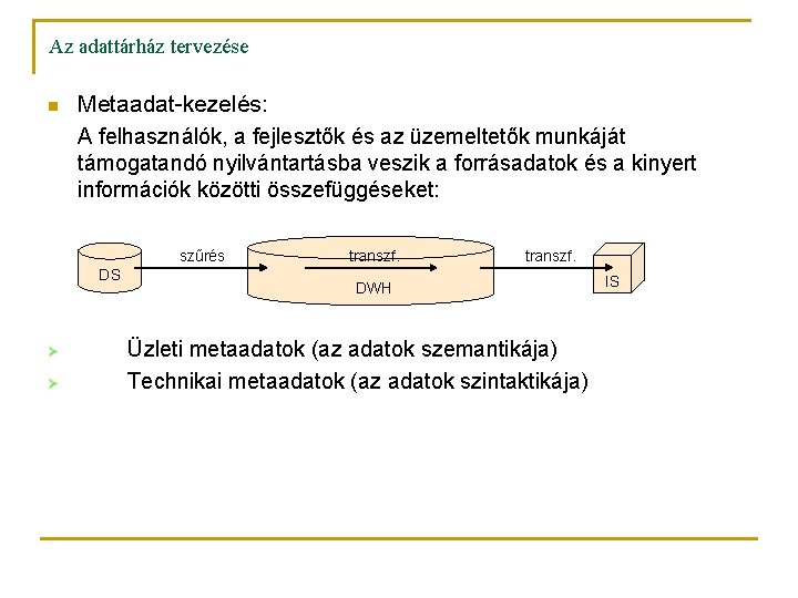 Az adattárház tervezése n Metaadat-kezelés: A felhasználók, a fejlesztők és az üzemeltetők munkáját támogatandó