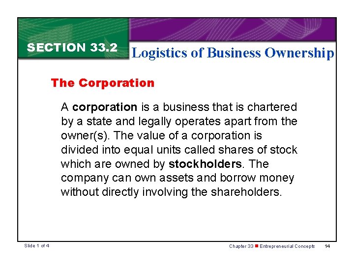 SECTION 33. 2 Logistics of Business Ownership The Corporation A corporation is a business