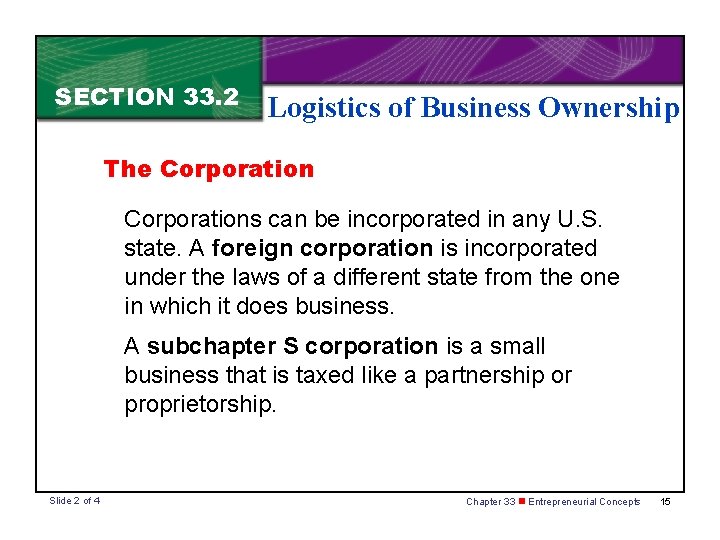 SECTION 33. 2 Logistics of Business Ownership The Corporations can be incorporated in any