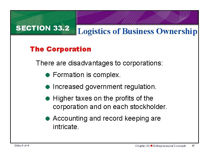 SECTION 33. 2 Logistics of Business Ownership The Corporation There are disadvantages to corporations: