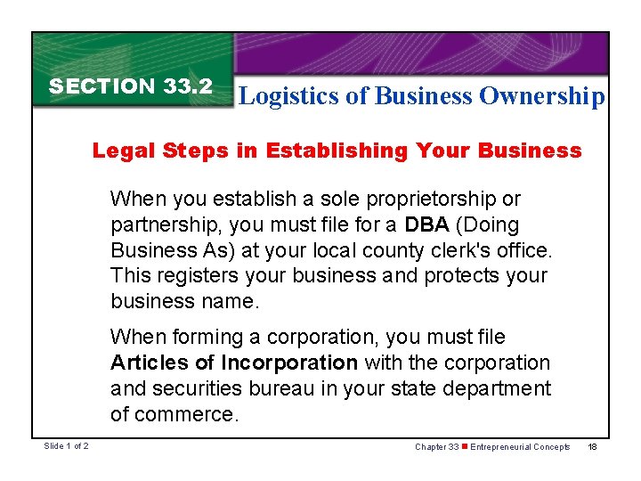 SECTION 33. 2 Logistics of Business Ownership Legal Steps in Establishing Your Business When