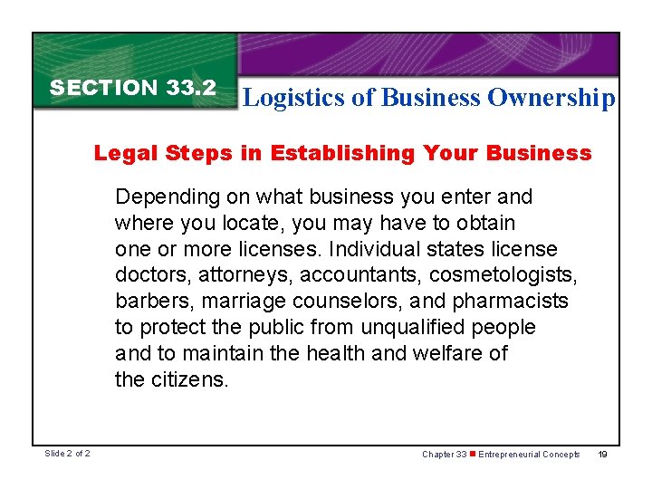 SECTION 33. 2 Logistics of Business Ownership Legal Steps in Establishing Your Business Depending