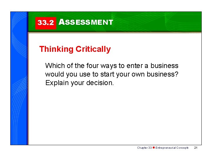 33. 2 ASSESSMENT Thinking Critically Which of the four ways to enter a business