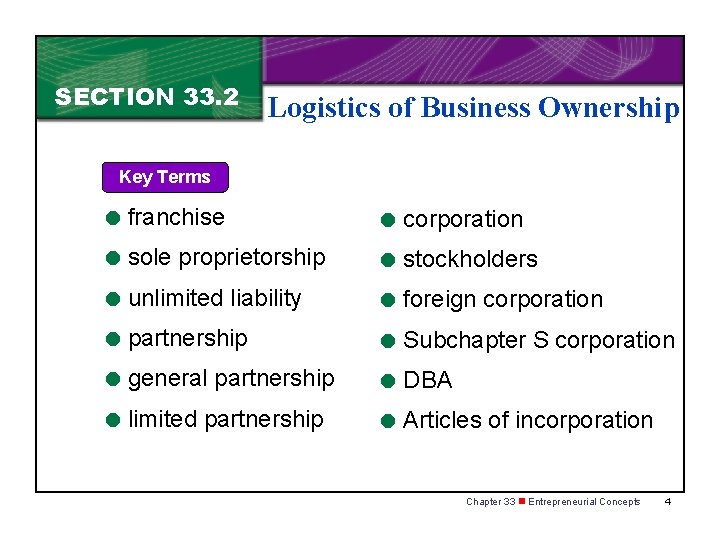 SECTION 33. 2 Logistics of Business Ownership Key Terms = franchise = corporation =