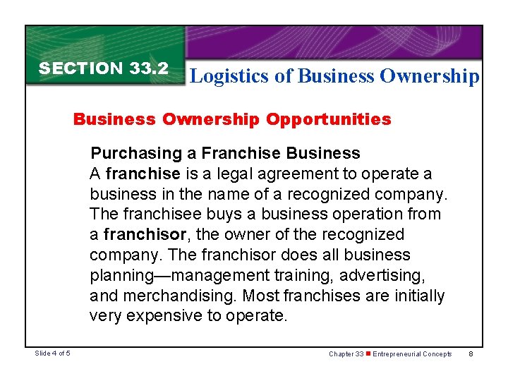 SECTION 33. 2 Logistics of Business Ownership Opportunities Purchasing a Franchise Business A franchise