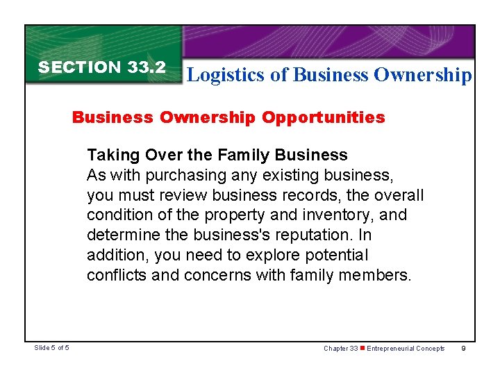 SECTION 33. 2 Logistics of Business Ownership Opportunities Taking Over the Family Business As