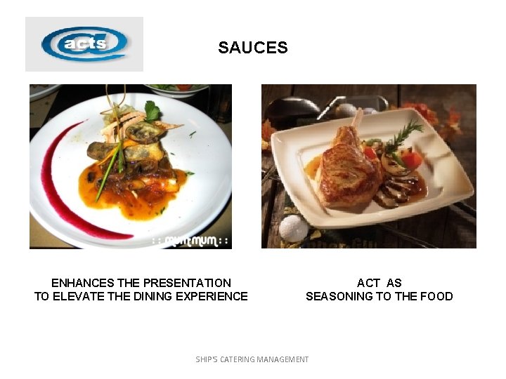 SAUCES ENHANCES THE PRESENTATION TO ELEVATE THE DINING EXPERIENCE ACT AS SEASONING TO THE