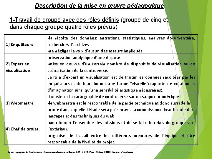 Description de la mise en œuvre pédagogique 1 -Travail de groupe avec des rôles