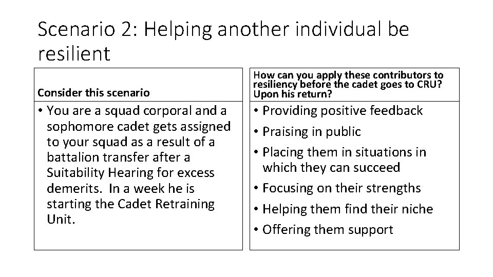 Scenario 2: Helping another individual be resilient Consider this scenario • You are a