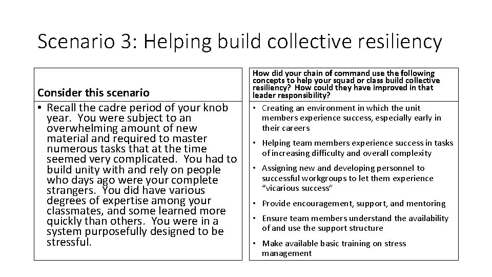 Scenario 3: Helping build collective resiliency Consider this scenario • Recall the cadre period