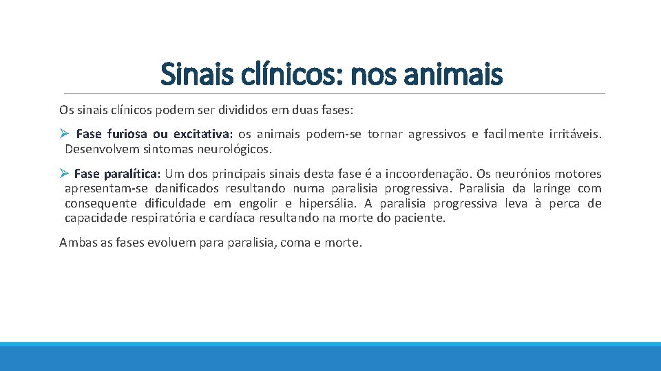 Sinais clínicos: nos animais Os sinais clínicos podem ser divididos em duas fases: Ø