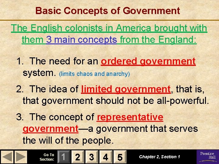 Basic Concepts of Government The English colonists in America brought with them 3 main