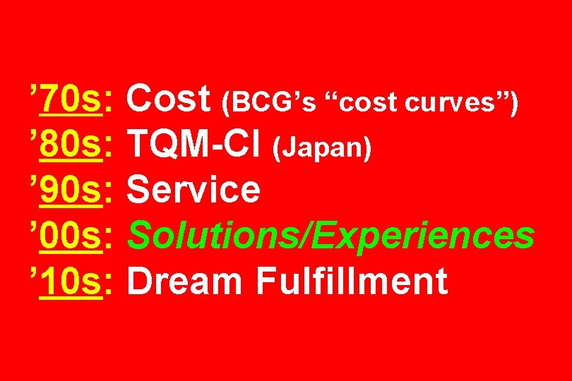 ’ 70 s: Cost (BCG’s “cost curves”) ’ 80 s: TQM-CI (Japan) ’ 90