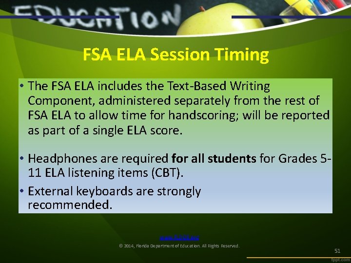 FSA ELA Session Timing • The FSA ELA includes the Text-Based Writing Component, administered