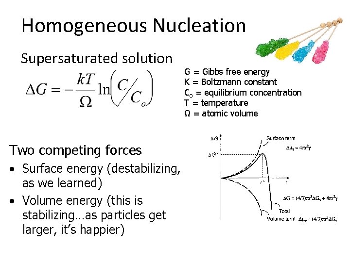 Homogeneous Nucleation Supersaturated solution Two competing forces • Surface energy (destabilizing, as we learned)