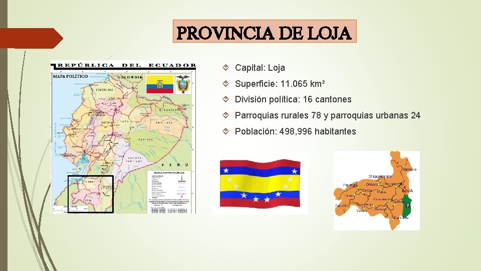 PROVINCIA DE LOJA Capital: Loja Superficie: 11. 065 km² División política: 16 cantones Parroquias