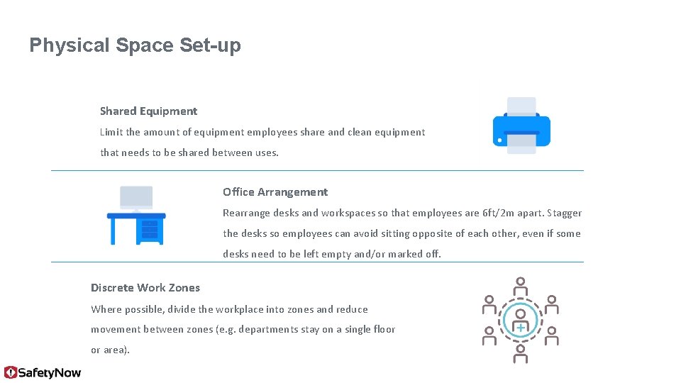 Physical Space Set-up Shared Equipment Limit the amount of equipment employees share and clean