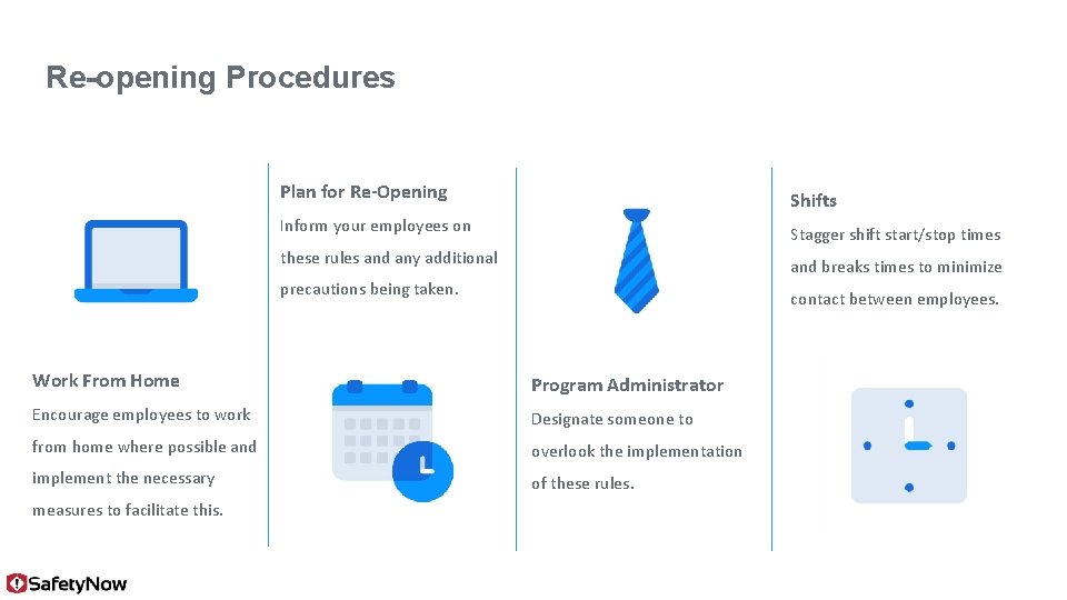 Re-opening Procedures Plan for Re-Opening Shifts Inform your employees on Stagger shift start/stop times