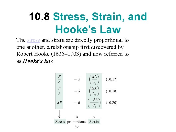 10. 8 Stress, Strain, and Hooke's Law The stress and strain are directly proportional