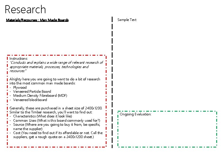 Research Materials/Recourses : Man Made Boards Sample Text Instructions: “Conducts and explains a wide