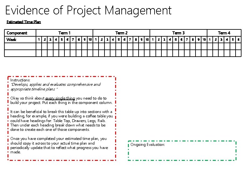 Evidence of Project Management Estimated Time Plan Component Week Term 1 1 2 3