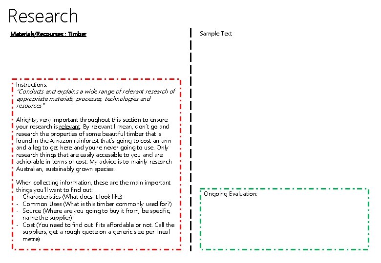 Research Materials/Recourses : Timber Sample Text Instructions: “Conducts and explains a wide range of
