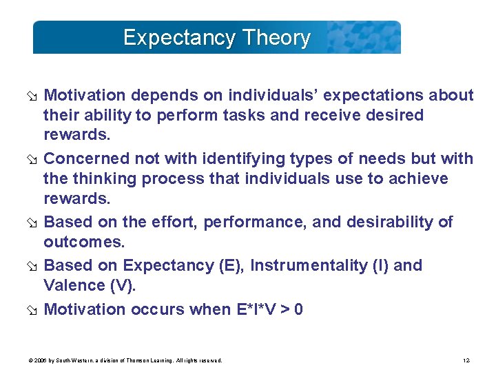 Expectancy Theory ø Motivation depends on individuals’ expectations about their ability to perform tasks