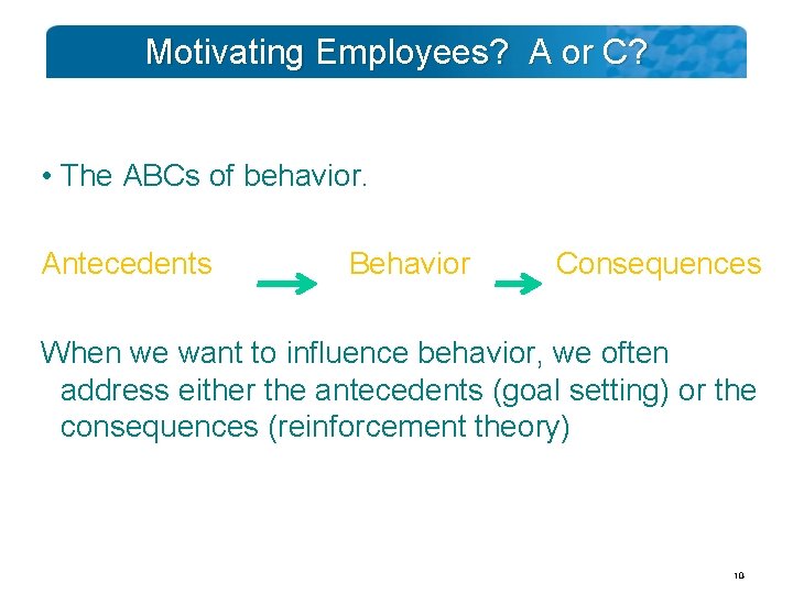 Motivating Employees? A or C? • The ABCs of behavior. Antecedents Behavior Consequences When