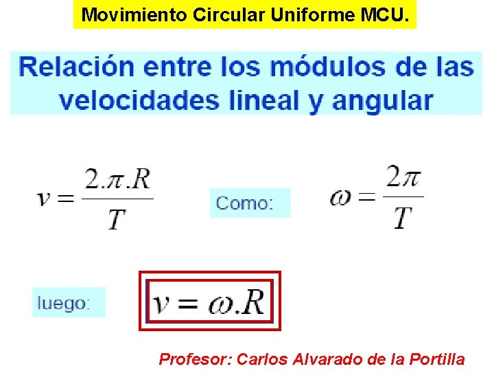 Movimiento Circular Uniforme MCU. Profesor: Carlos Alvarado de la Portilla 