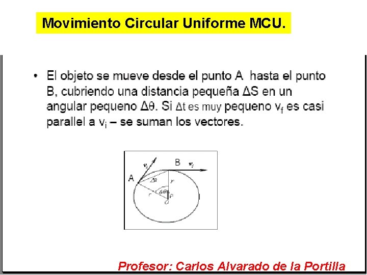 Movimiento Circular Uniforme MCU. Profesor: Carlos Alvarado de la Portilla 