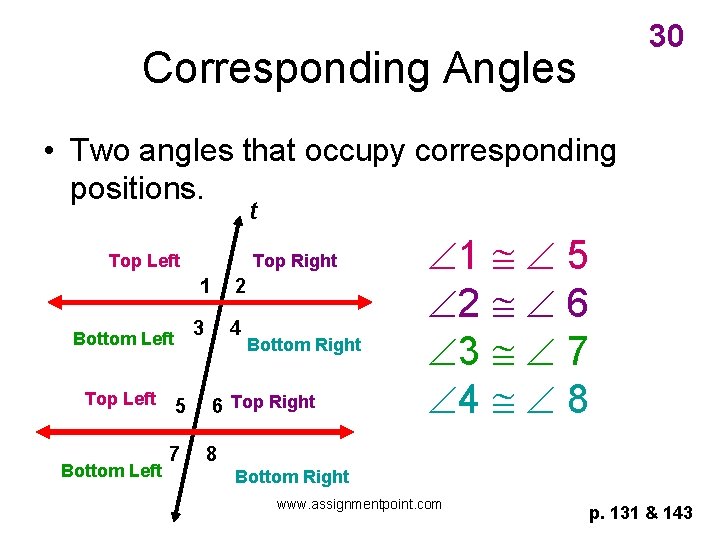 30 Corresponding Angles • Two angles that occupy corresponding positions. t Top Left Top