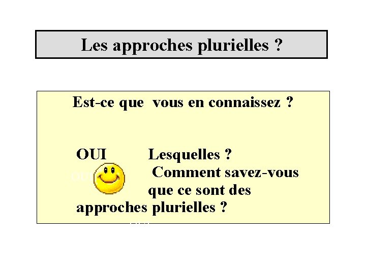 Les approches plurielles ? Est-ce que vous en connaissez ? OUI Lesquelles ? Comment