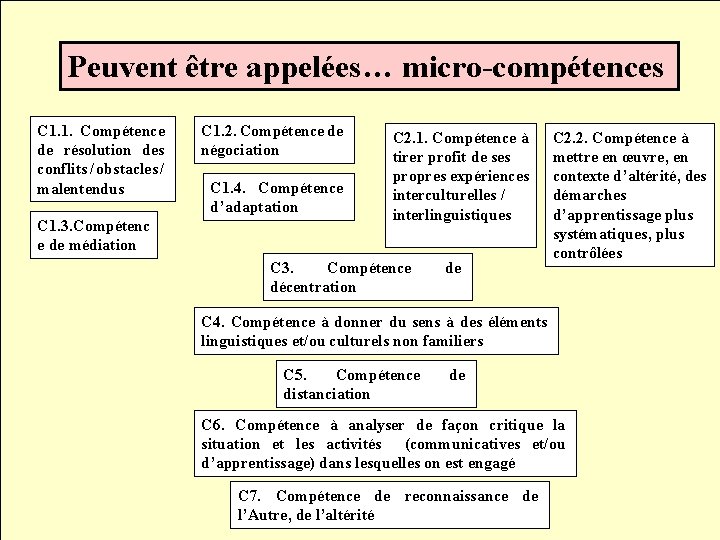 Peuvent être appelées… micro-compétences C 1. 1. Compétence de résolution des conflits / obstacles